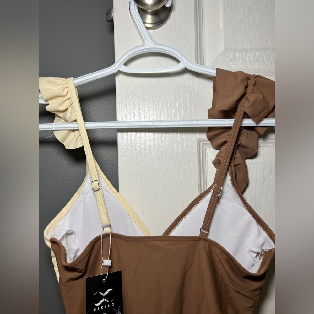BIKINX One Piece Swimsuit - brown and cream with ruffles. Size Small. NWT - Picture 6 of 9